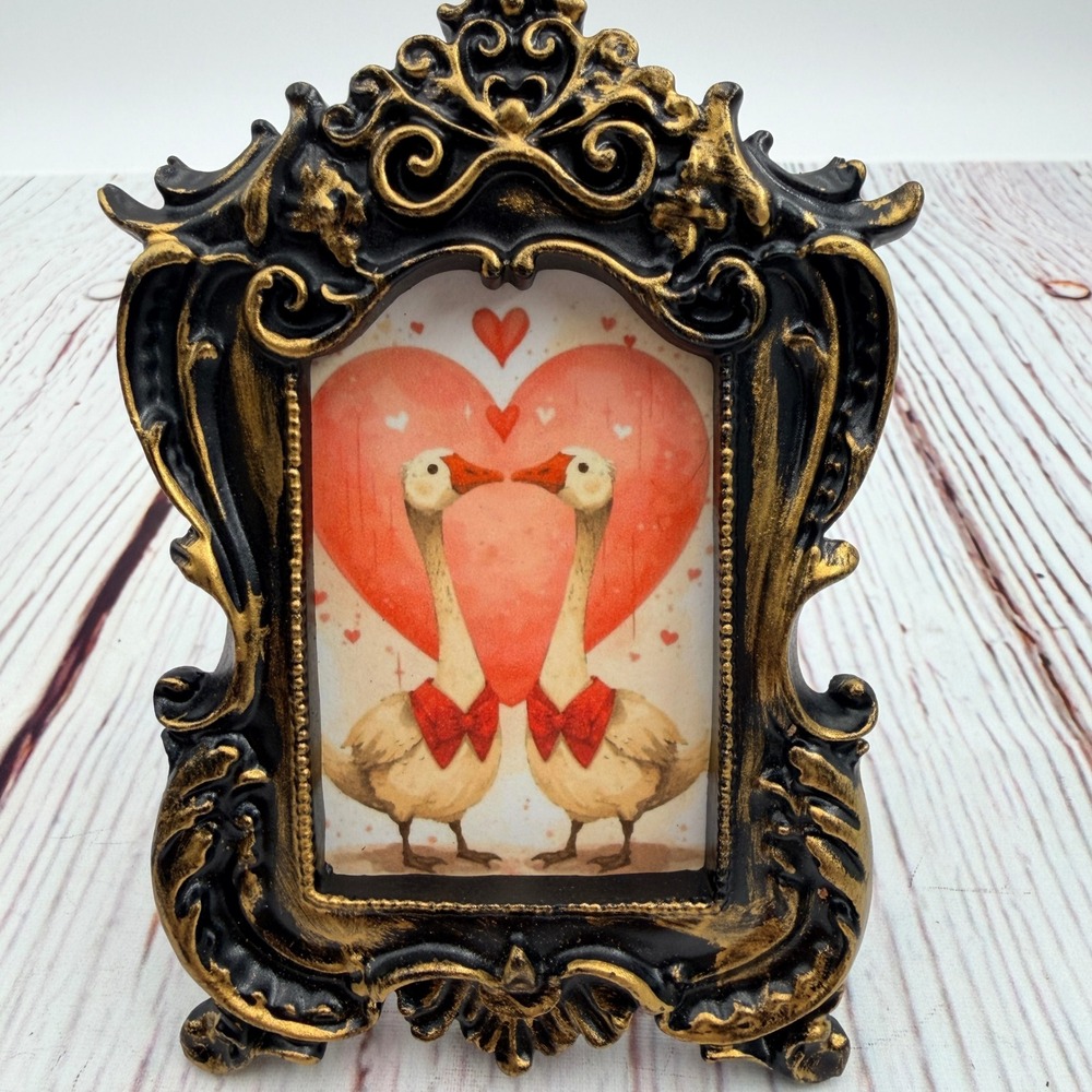 Vintage Style Ornate Gold‎ Black Resin Frame Geese Heart Decoupage Art Print 5in
